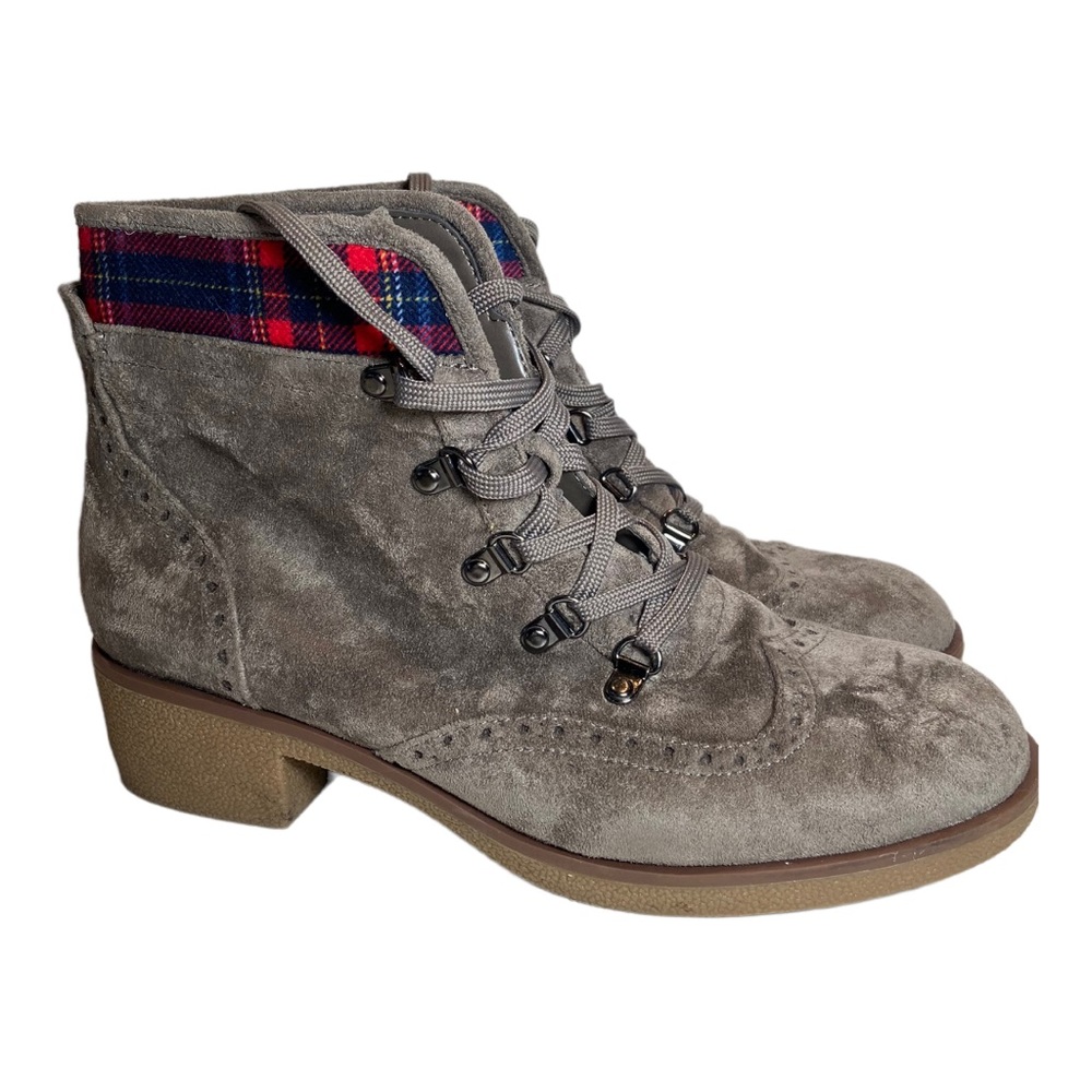 NEVER WORN Tommy Hilfiger Gray Suede Hiking Boots Tartan Plaid ladies 10 Lace Up